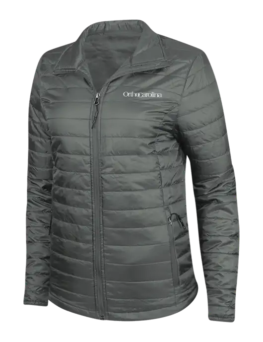Dark Grey Womens Puffy Packable Jacket w/OrthoCarolina Logo