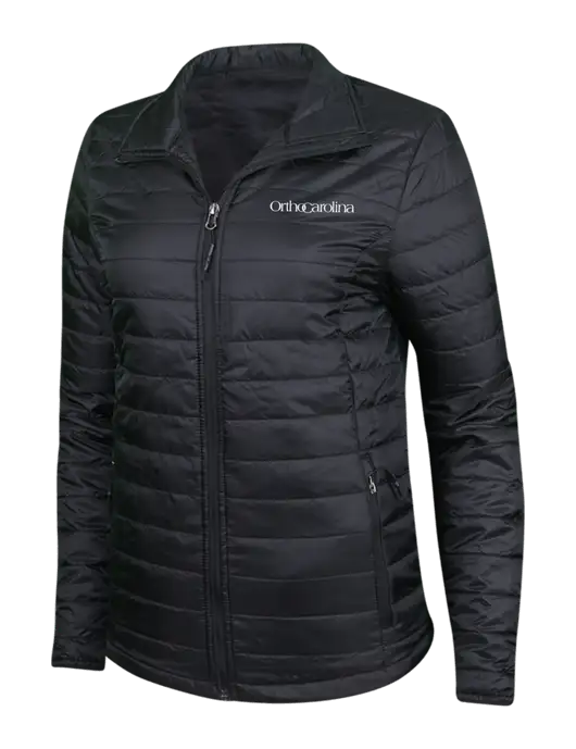 Womens Black Puffy Packable Jacket w/OrthoCarolina Logo