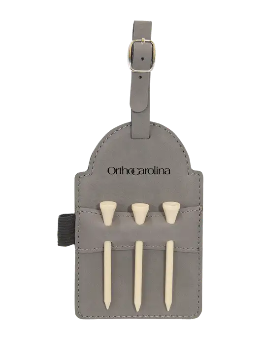 Grey Leatherette Golf Bag Tag with 3 Wooden Tees w/OrthoCarolina Logo