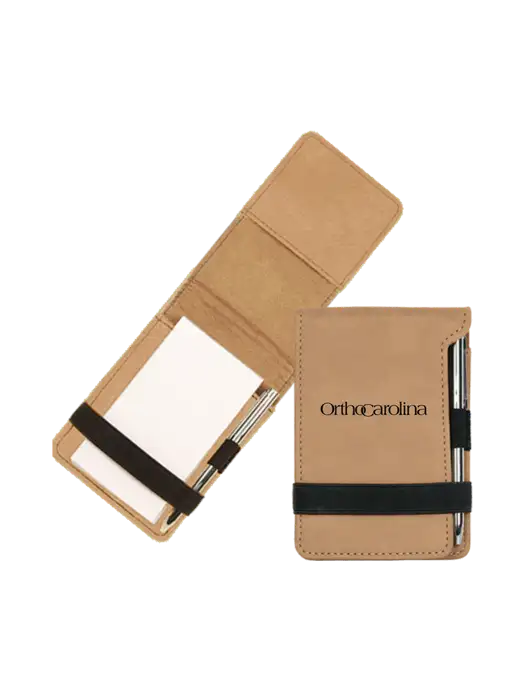 Tan Leatherette Mini Notepad with Pen,  3.25 x 4.75 w/OrthoCarolina Logo