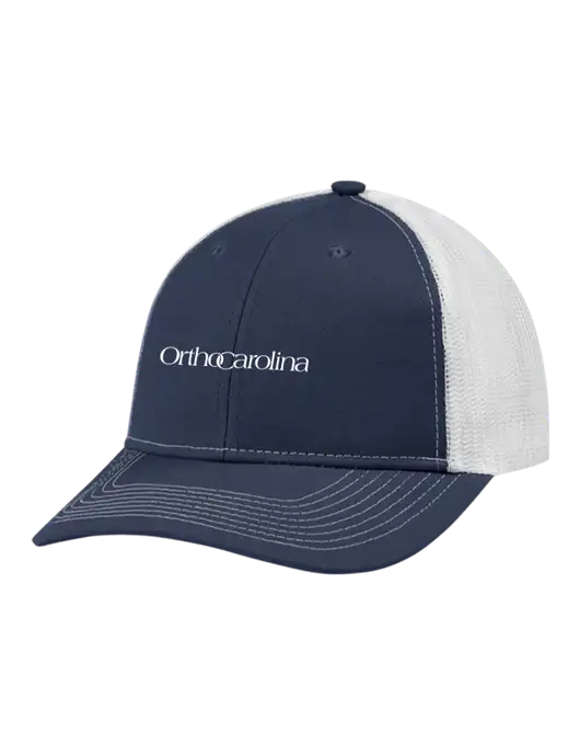 Snapback Ponytail Trucker Cap Navy w/White Mesh w/OrthoCarolina Logo
