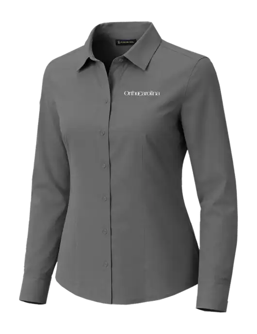 Brooks Brothers Womens Full-Button Dark Medium Grey Satin Blouse w/OrthoCarolina Logo