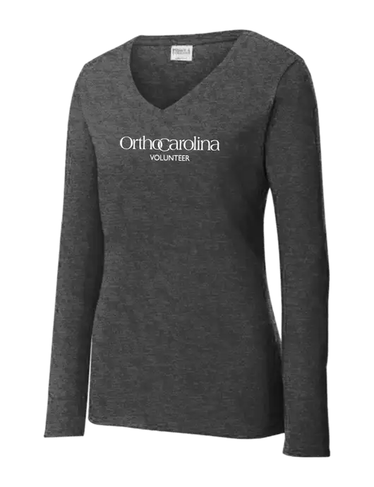 Womens  V-Neck Ring Spun Dark Heather Grey 4.5 oz Long Sleeve T-Shirt w/OrthoCarolina Logo