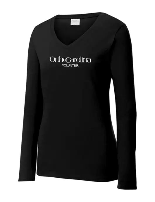 Womens V-Neck Ring Spun Jet Black 4.5 oz Long Sleeve T-Shirt w/OrthoCarolina Logo