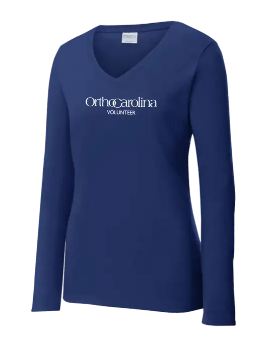 Womens  V-Neck Ring Spun Navy 4.5 oz Long Sleeve T-Shirt w/OrthoCarolina Logo