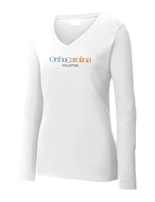 Womens  V-Neck Ring Spun White 4.5 oz Long Sleeve T-Shirt w/OrthoCarolina Logo